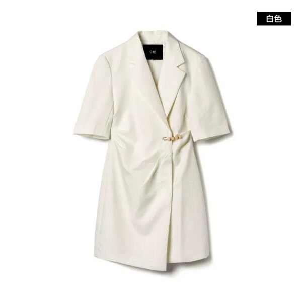 160124#White Wrap-Front Blazer Dress with Decorative Waist Button