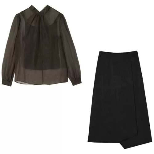 160136#black  Sheer Blouse & Black Midi Skirt Two-Piece Set （125）
