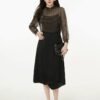 160136#black  Sheer Blouse & Black Midi Skirt Two-Piece Set （125）