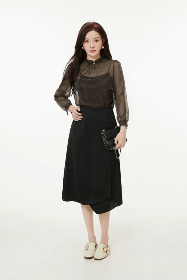160136#black  Sheer Blouse & Black Midi Skirt Two-Piece Set （125）