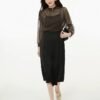 160136#black  Sheer Blouse & Black Midi Skirt Two-Piece Set （125）