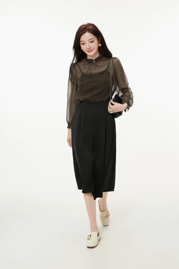 160136#black  Sheer Blouse & Black Midi Skirt Two-Piece Set （125）