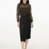 160136#black  Sheer Blouse & Black Midi Skirt Two-Piece Set （125）
