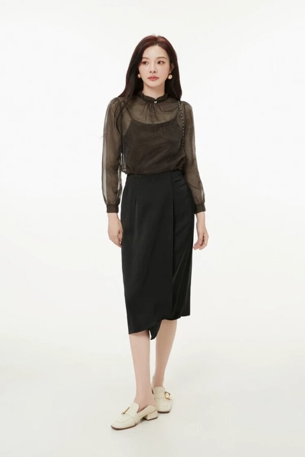 160136#black  Sheer Blouse & Black Midi Skirt Two-Piece Set （125）