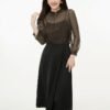 160136#black  Sheer Blouse & Black Midi Skirt Two-Piece Set （125）