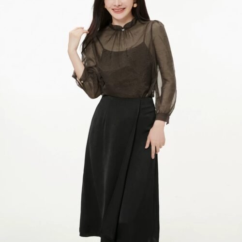160125#Brown Sheer Blouse & Black Midi Skirt Two-Piece Set
