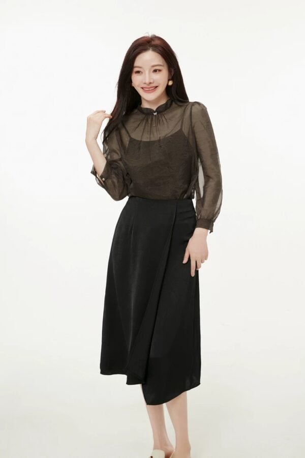 160136#black  Sheer Blouse & Black Midi Skirt Two-Piece Set （125）