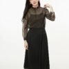 160136#black  Sheer Blouse & Black Midi Skirt Two-Piece Set （125）