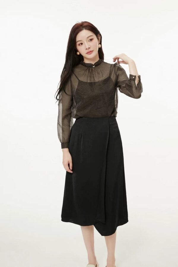160136#black  Sheer Blouse & Black Midi Skirt Two-Piece Set （125）