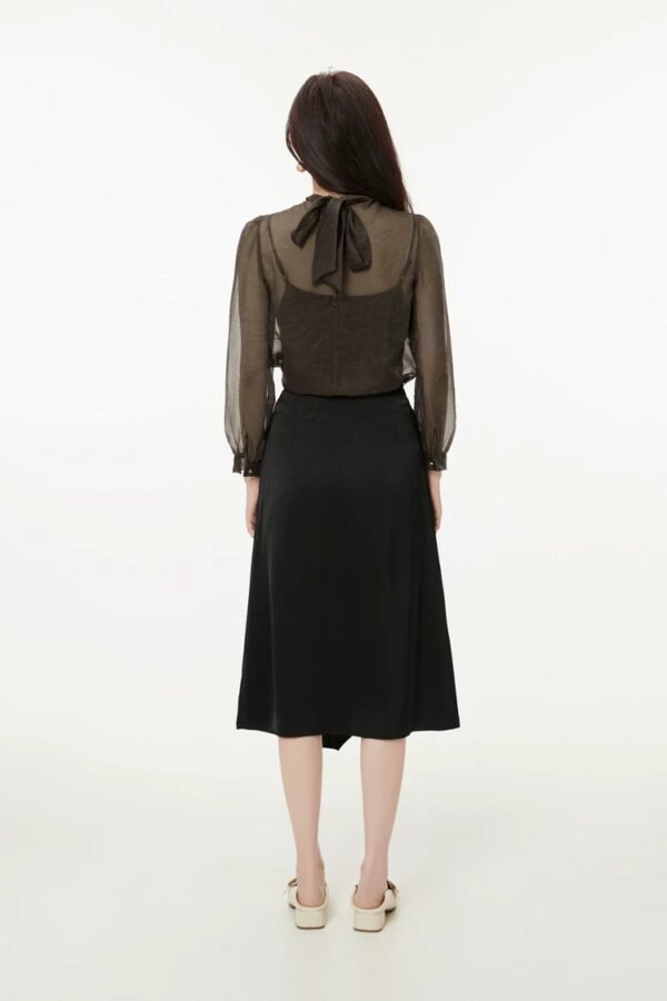 160136#black  Sheer Blouse & Black Midi Skirt Two-Piece Set （125）