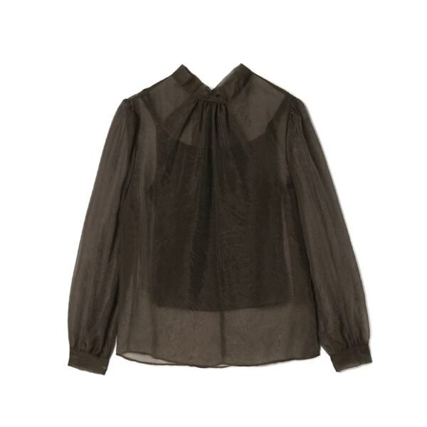 160136#black  Sheer Blouse & Black Midi Skirt Two-Piece Set （125）