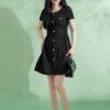160126#Black Textured Button-Down Short-Sleeve A-Line Mini Dress