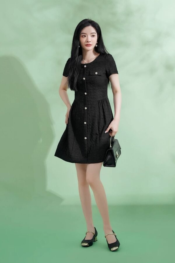 160126#Black Textured Button-Down Short-Sleeve A-Line Mini Dress
