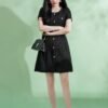 160126#Black Textured Button-Down Short-Sleeve A-Line Mini Dress