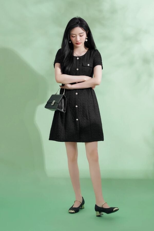 160126#Black Textured Button-Down Short-Sleeve A-Line Mini Dress