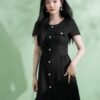 160126#Black Textured Button-Down Short-Sleeve A-Line Mini Dress
