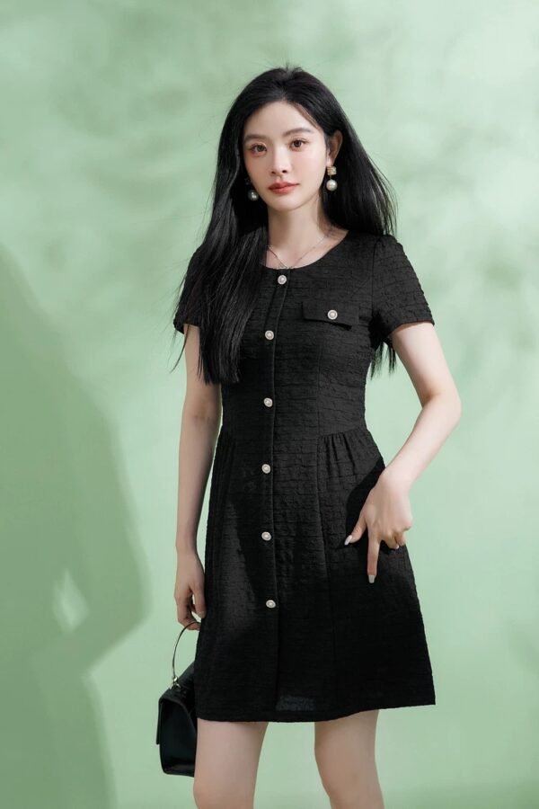 160126#Black Textured Button-Down Short-Sleeve A-Line Mini Dress