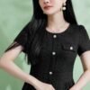 160126#Black Textured Button-Down Short-Sleeve A-Line Mini Dress