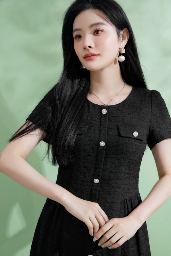 160126#Black Textured Button-Down Short-Sleeve A-Line Mini Dress
