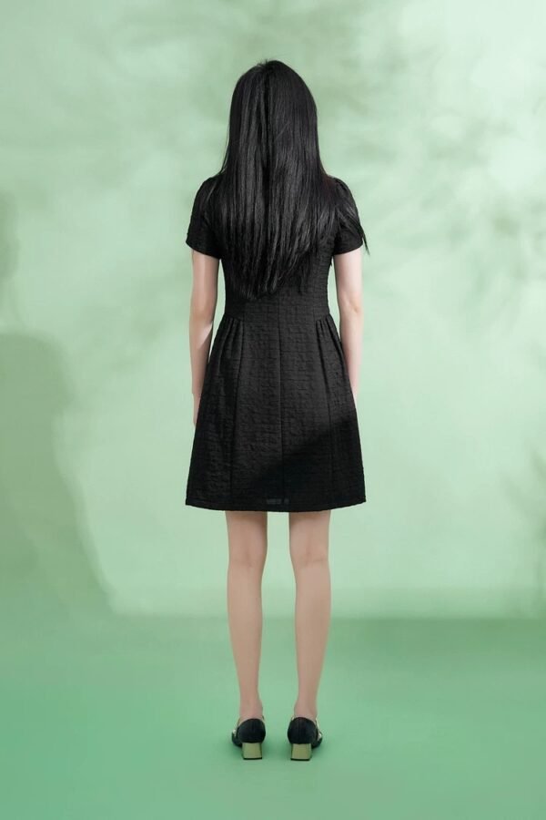 160126#Black Textured Button-Down Short-Sleeve A-Line Mini Dress