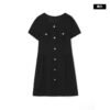 160126#Black Textured Button-Down Short-Sleeve A-Line Mini Dress