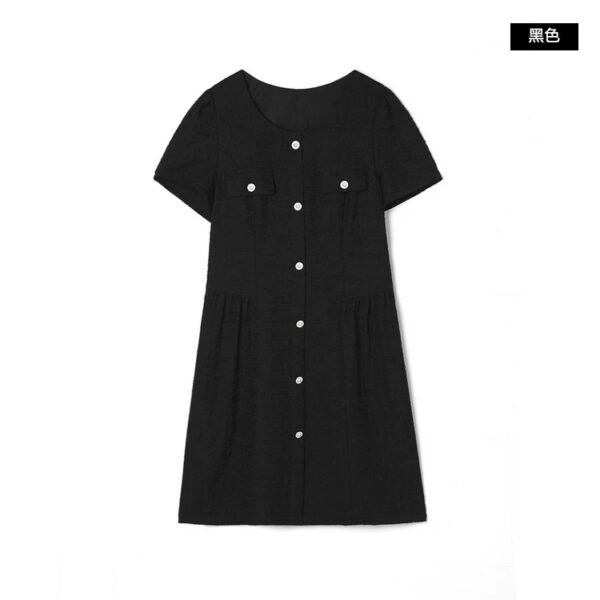 160126#Black Textured Button-Down Short-Sleeve A-Line Mini Dress