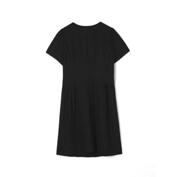 160126#Black Textured Button-Down Short-Sleeve A-Line Mini Dress