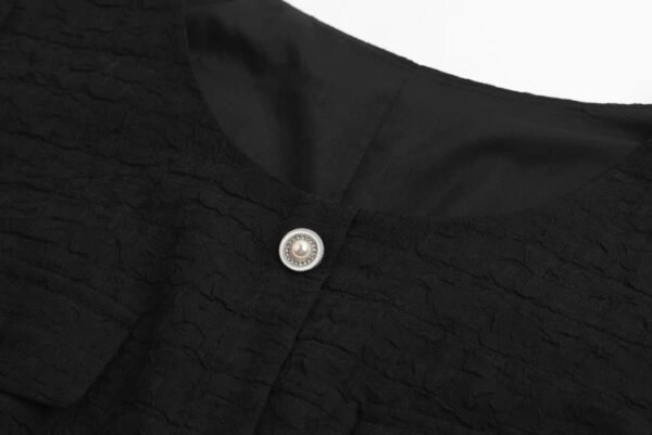 160126#Black Textured Button-Down Short-Sleeve A-Line Mini Dress
