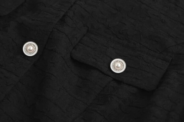 160126#Black Textured Button-Down Short-Sleeve A-Line Mini Dress