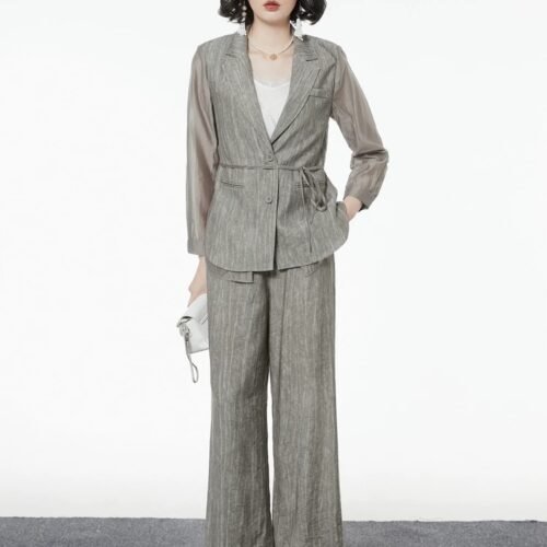 160127#Olive Green Three-Piece Suit — Vest, Drawstring Blazer & Wide-Leg Trousers