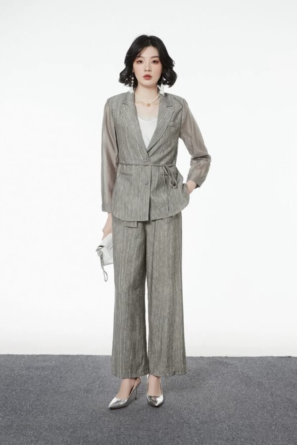 160127#Olive Green Three-Piece Suit — Vest, Drawstring Blazer & Wide-Leg Trousers