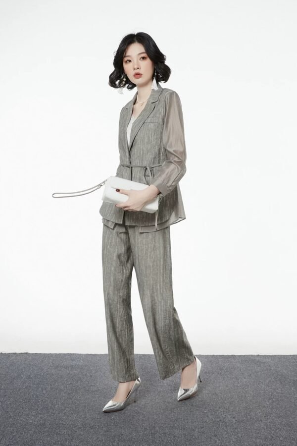 160127#Olive Green Three-Piece Suit — Vest, Drawstring Blazer & Wide-Leg Trousers