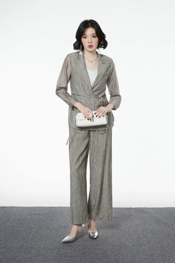 160127#Olive Green Three-Piece Suit — Vest, Drawstring Blazer & Wide-Leg Trousers