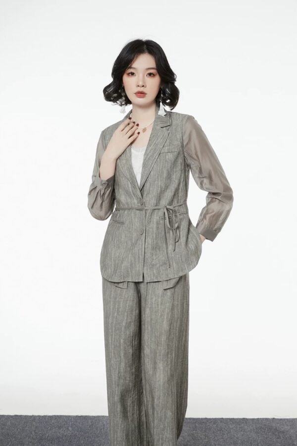 160127#Olive Green Three-Piece Suit — Vest, Drawstring Blazer & Wide-Leg Trousers
