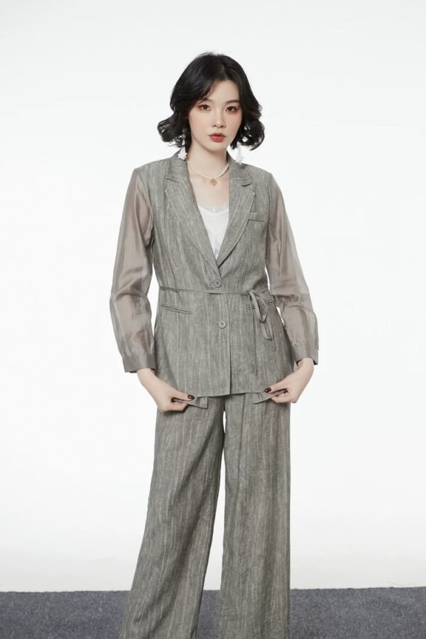 160127#Olive Green Three-Piece Suit — Vest, Drawstring Blazer & Wide-Leg Trousers
