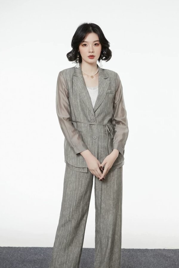 160127#Olive Green Three-Piece Suit — Vest, Drawstring Blazer & Wide-Leg Trousers
