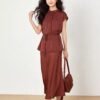 160128#Rust Red Sleeveless Top & Flared Midi Skirt Two-Piece Set