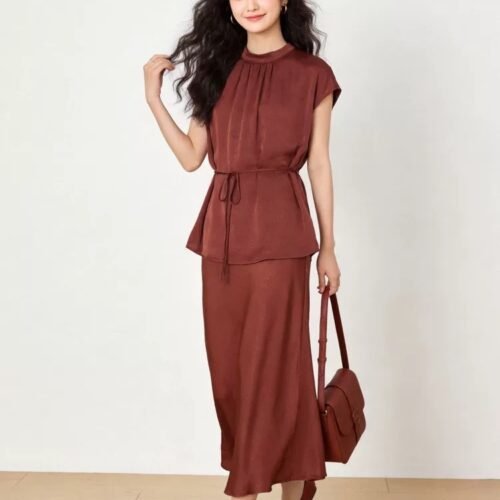 160128#Rust Red Sleeveless Top & Flared Midi Skirt Two-Piece Set