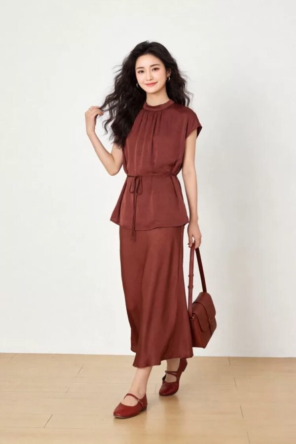 160128#Rust Red Sleeveless Top & Flared Midi Skirt Two-Piece Set