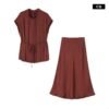 160128#Rust Red Sleeveless Top & Flared Midi Skirt Two-Piece Set