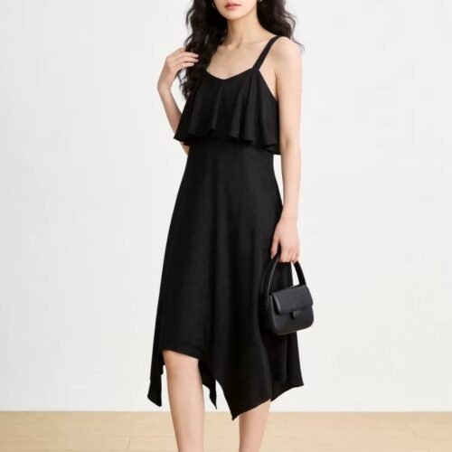 160131#Black Spaghetti-Strap Flowy Tiered Midi Dress