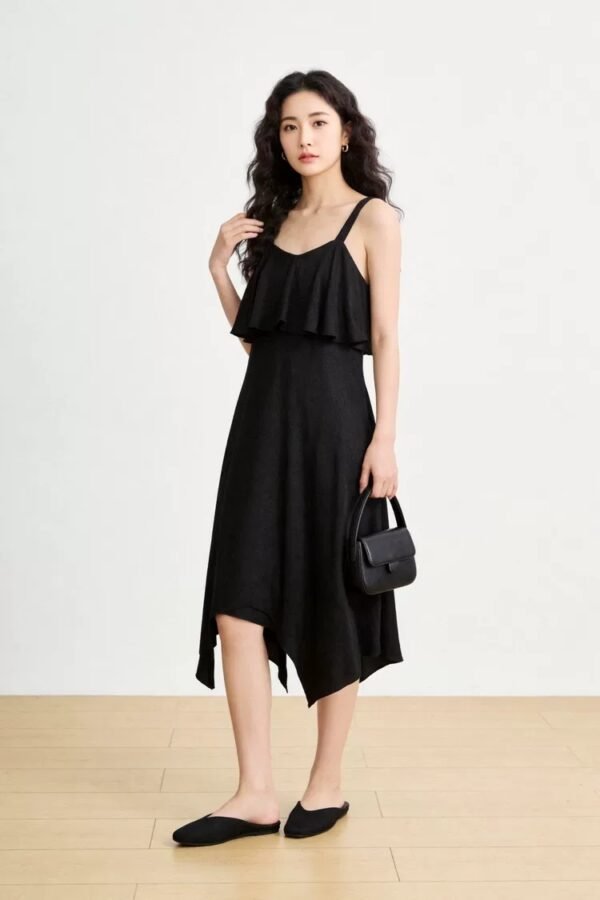 160131#Black Spaghetti-Strap Flowy Tiered Midi Dress