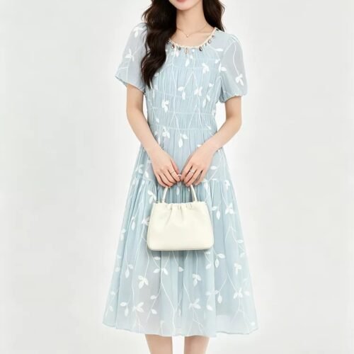 16133#Embellished Neck Short-Sleeve Flowy Midi Dress — Light Blue / Pale Yellow