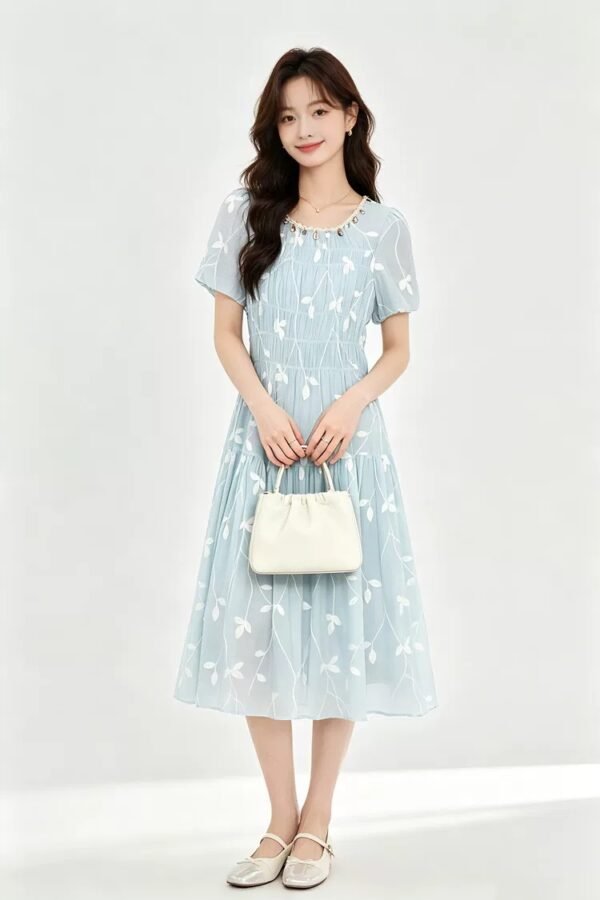 微信图片_20260827152605_1676_8 16133#Embellished Neck Short-Sleeve Flowy Midi Dress — Light Blue / Pale Yellow