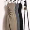 16002#Khaki Strapless Ruched Side Slit Bodycon Mini Dress