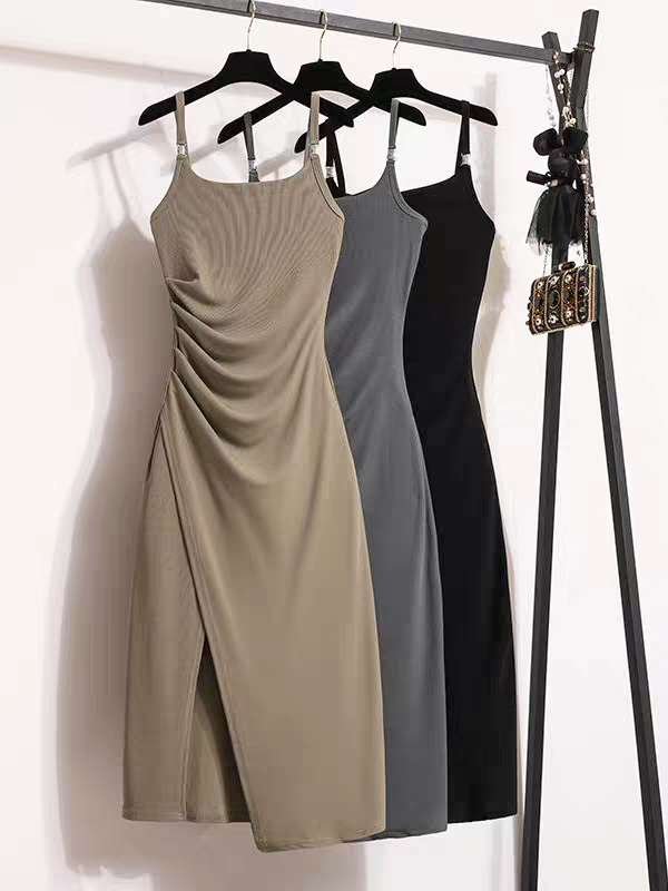 16002#Khaki Strapless Ruched Side Slit Bodycon Mini Dress