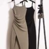16002#Khaki Strapless Ruched Side Slit Bodycon Mini Dress
