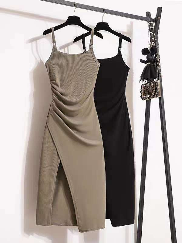 16002#Khaki Strapless Ruched Side Slit Bodycon Mini Dress