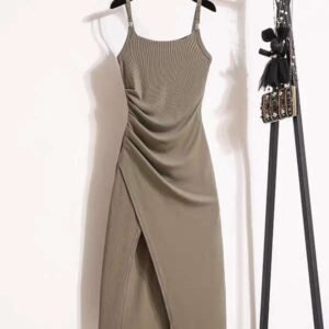 16002#Khaki Strapless Ruched Side Slit Bodycon Mini Dress