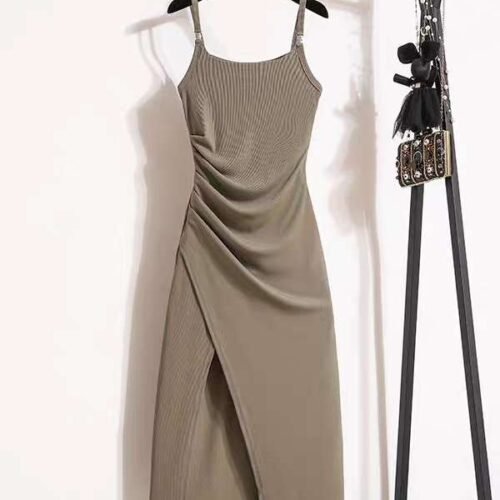 16002#Khaki Strapless Ruched Side Slit Bodycon Mini Dress